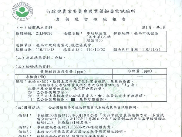 美生菜-農藥殘留檢驗報告